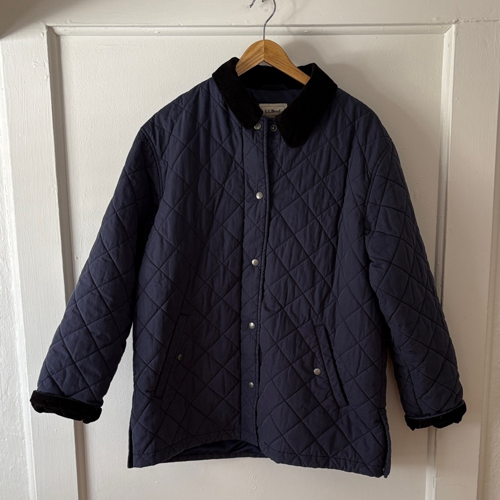 L.L. Bean Quilted Utility Jacket in navy blue with black corduroy accents